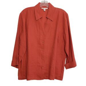 JM Collection Woman's 100% Linen Button Front Top, Size 14